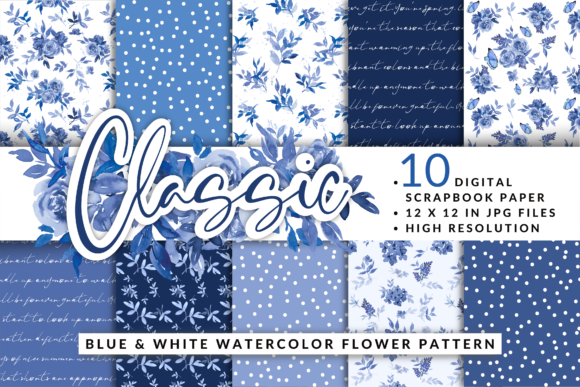 Blue Watercolor Flower Digital Paper Set & Patterns Review