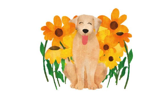 Happy Dog in Sunflower Garden: Spring Watercolor Asset