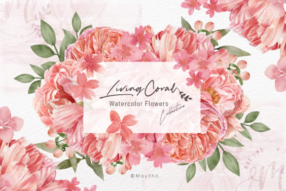 Living Coral Watercolor Flowers: Decorative Elements