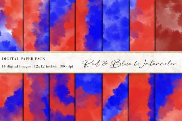 Red Blue Watercolor Digital Papers for Backgrounds