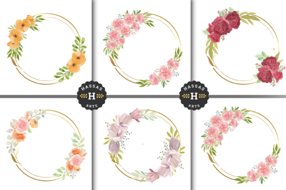 Watercolor Floral Golden Wreath Clipart for Print Templates